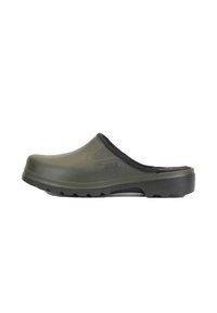 Green rubber clogs feature a rounded toe, textured upper, and a black trim along the opening. The sole is thick with a patterned tread.