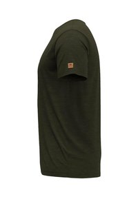 Olivgrünes T-Shirt mit kurzen Ärmeln aus strukturiertem Stoff, mit einem kleinen beige Logoetikett am linken Ärmel, klassisches Rundhalsdesign.