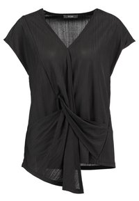 Svart topp av plisserad tyg med V-ringning, korta ärmar och en knuten detalj framtill samt en asymmetrisk nederkant.