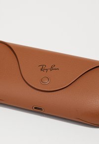 Brauner Leder-Etui für Brillen mit strukturiertem Finish, ausgestattet mit einem abgerundeten Klappverschluss und dem eingravierten "Ray-Ban"-Logo. USB-C-Anschluss sichtbar.