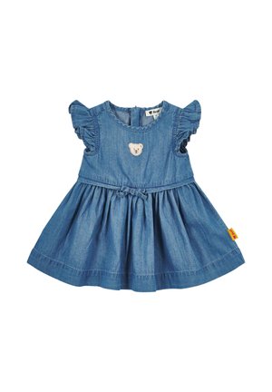 Denim dress with short ruffled sleeves, a round neckline, and a bear patch on the chest. Features a gathered skirt and a bow detail at the waist.