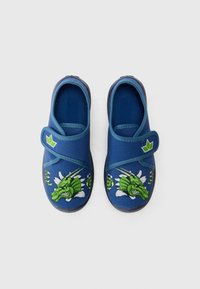 Mėlyni slip-on tipo batai su žaliu drakono piešiniu ant pirštų, audinio viršus, reguliuojama juosta ir tekstūruotas guminis padas.