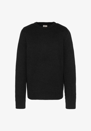 Schwarzer gestrickter Pullover mit gerippter Textur, Rundhalsausschnitt und langen Ärmeln. Schlichtes Design ohne sichtbare Muster oder Verzierungen.