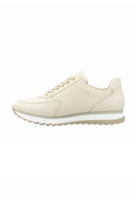 Scarpe da ginnastica beige con tomaia in sintetico liscio, punta rotonda, allacciatura frontale e suola intermedia bianca. Presentano una suola in gomma testurizzata per una migliore aderenza.