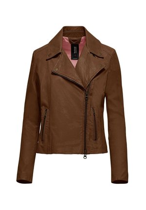 Giacca da moto in pelle marrone con un design elegante, colletto a festa, zip diagonale sul fronte e due tasche laterali con zip. Foderata in rosa chiaro.