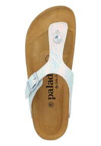 Light blue sandal with an iridescent strap, features a silver buckle, and a brown textured footbed with brand logo. Flat sole design.