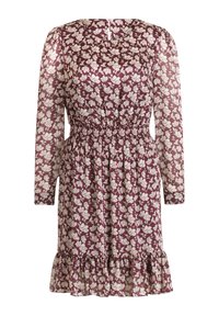 Langärmliges Kleid in Burgunderrot mit einem floralen Muster in Creme, das eine geraffte Taille und einen gerafften Saum aufweist. Hergestellt aus einem leichten Stoff.