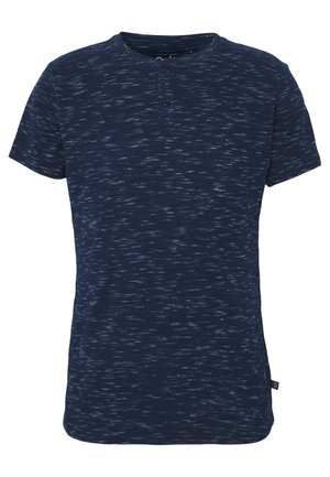 Marineblaue Henley-Shirt mit kurzen Ärmeln, dezent weiß gesprenkeltem Muster und Zweiknopfleiste am Rundhalsausschnitt.