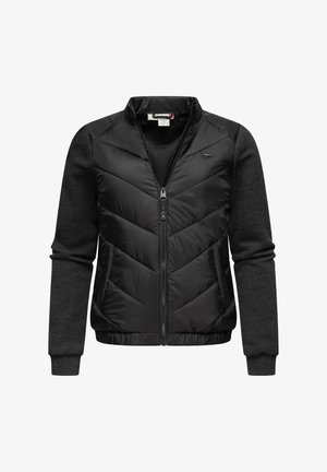 Zwarte jas met ritssluiting aan de voorkant, met een chevron-quiltdesign op het lichaam en contrasterende donkere mouwen. Gladde textuur met gebreide manchetten.