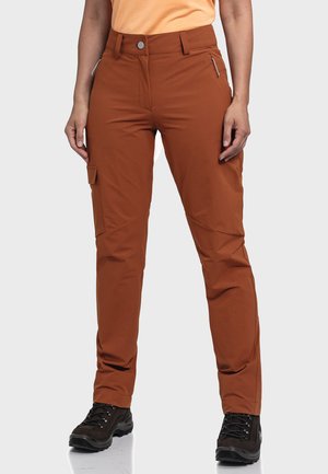 Orange-braune Cargo-Hosen mit glatter Textur, einer Reißverschlusstasche und einer Seitentasche mit Klappe. Designed für Aktivitäten im Freien.