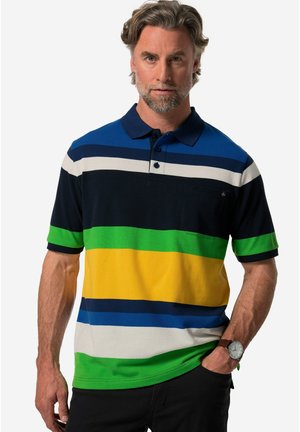 Gestreiftes Poloshirt in Blau, Marineblau, Grün, Gelb und Weiß. Aus Baumwolle, mit Kragen, Knopfleiste und Brusttasche.