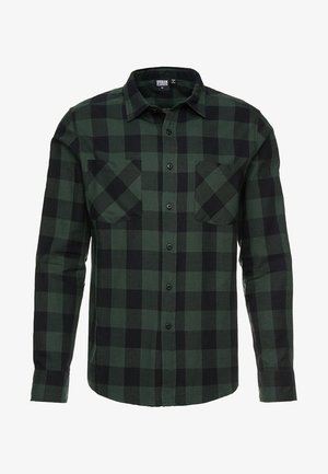Grün-schwarz karierter Flanellhemd mit langen Ärmeln, zwei Brusttaschen und Knopfverschluss. Gefertigt aus weichem Stoff mit strukturierter Oberfläche.