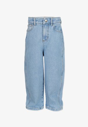 Lyseblå denim jeans med høj talje og afslappet pasform, der har knaplukning, bæltestropper og dobbeltsyede sømme.