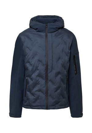 Granatowa pikowana kurtka z zamkiem błyskawicznym, regulowanym kapturem i teksturowanymi rękawami; posiada przednie kieszenie oraz boczną kieszeń na zamek.