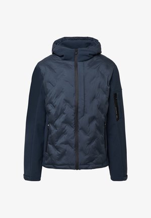Gewatteerd marineblauw jack met ritssluiting, verstelbare capuchon en gestructureerde mouwen; voorzien van voorzakken en een zijzak met rits.