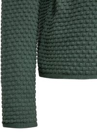 Groene gebreide trui met een gestructureerd oppervlak en kuiltjespatroon, lange mouwen en geribbelde manchetten. De stof lijkt zacht en comfortabel.