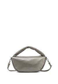 Borsa a mano in pelle grigia con un design morbido e arrotondato, dotata di una maniglia superiore imbottita e di una tracolla rimovibile. Texture liscia, minimo utilizzo di metallo.