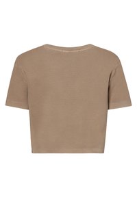 Krátký top s krátkým rukávem z texturované látky ve světle hnědé barvě, s kulatým výstřihem a jemným žebrovaným vzorem.