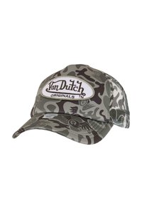 Kamuflāžas beisbola cepure ar noapaļotu pīķi, sieti�ņa aizmuguri un izšūtu baltu uzlīmi ar "Von Dutch Originals" brūnā krāsā.