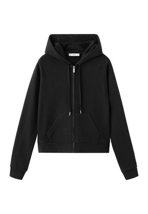 Sweat à capuche noir zippé avec poche kangourou à l'avant, capuche avec cordon de serrage et manches longues.