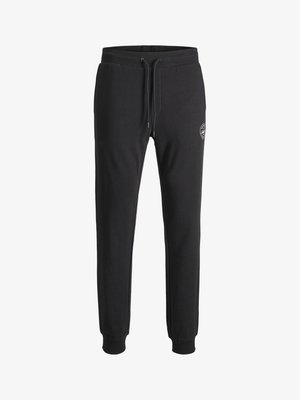 Schwarze Jogging-Hosen aus Baumwollmischung. Sie verfügen über einen elastischen Bund mit Kordelzug, gerippte Säume und ein kleines aufgedrucktes Logo am Oberschenkel.