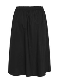 Falda negra con una cinturilla elástica, hasta la rodilla, con un tejido suave y ligero y un diseño sencillo y fluido.