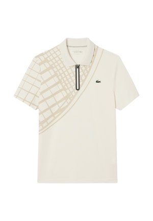 Polo shirt in crème met een geometrisch beige patroon, korte mouwen, een platte kraag en een ritskraag. Lacoste-logo in het groen op de borst.
