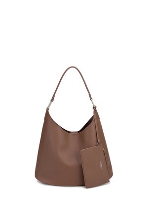 Borsa a mano hobo in pelle marrone con una singola tracolla e una pochette abbinata staccabile con cerniera attaccata a un lato.