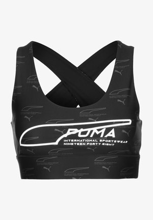 Sujetador deportivo negro con diseño de espalda cruzada, que presenta el logotipo y el texto de Puma en blanco. Tela suave y elástica con un sutil patrón de logotipos repetidos.