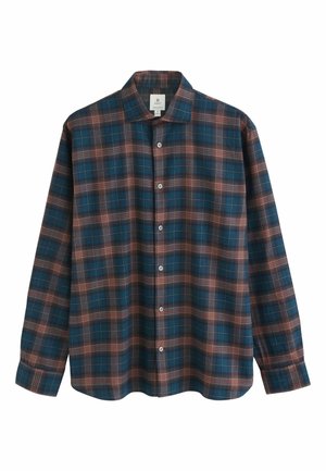 Plaid shirt in dark blue, brown, and red hues. Long sleeves, button-up front, and a classic collar. Fabric appears lightweight and textured.