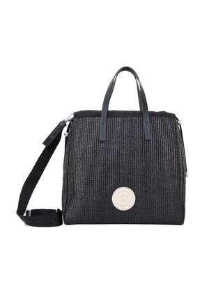Schwarze gewebte Handtasche mit doppelten Griffen, verstellbarem Schultergurt und einem kreisförmigen Logo-Detail. Verfügt über ein strukturiertes Design und eine strukturierte Oberfläche.