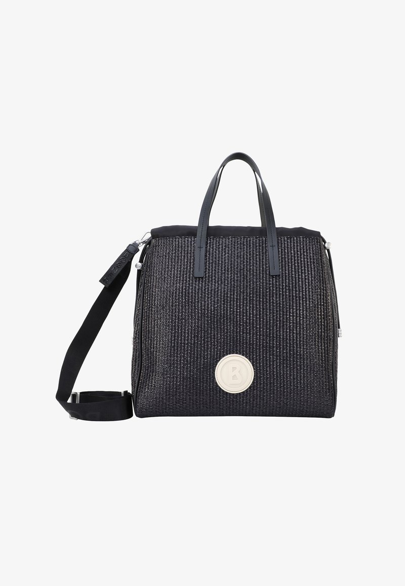 Svart vävd handväska med dubbla handtag, justerbar rem och en cirkulär logodetalj. Har en strukturerad design och texturerad yta.