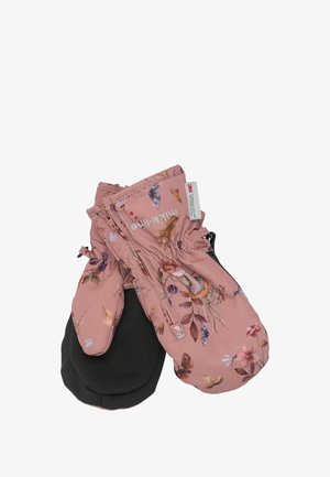 Rozā ziedu cimdi ar melniem teksturētiem plaukstām, ar elastīgām aprocēm un rāvējslēdzēja aizdari. Akcenti ietver zīmola etiķeti.