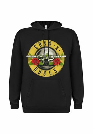 Sort hættejakke med et cirkulært grafisk design med gul kant, teksten "GUNS N’ ROSES," kranium, pistol og røde roser foran. Klassisk fleece materiale.