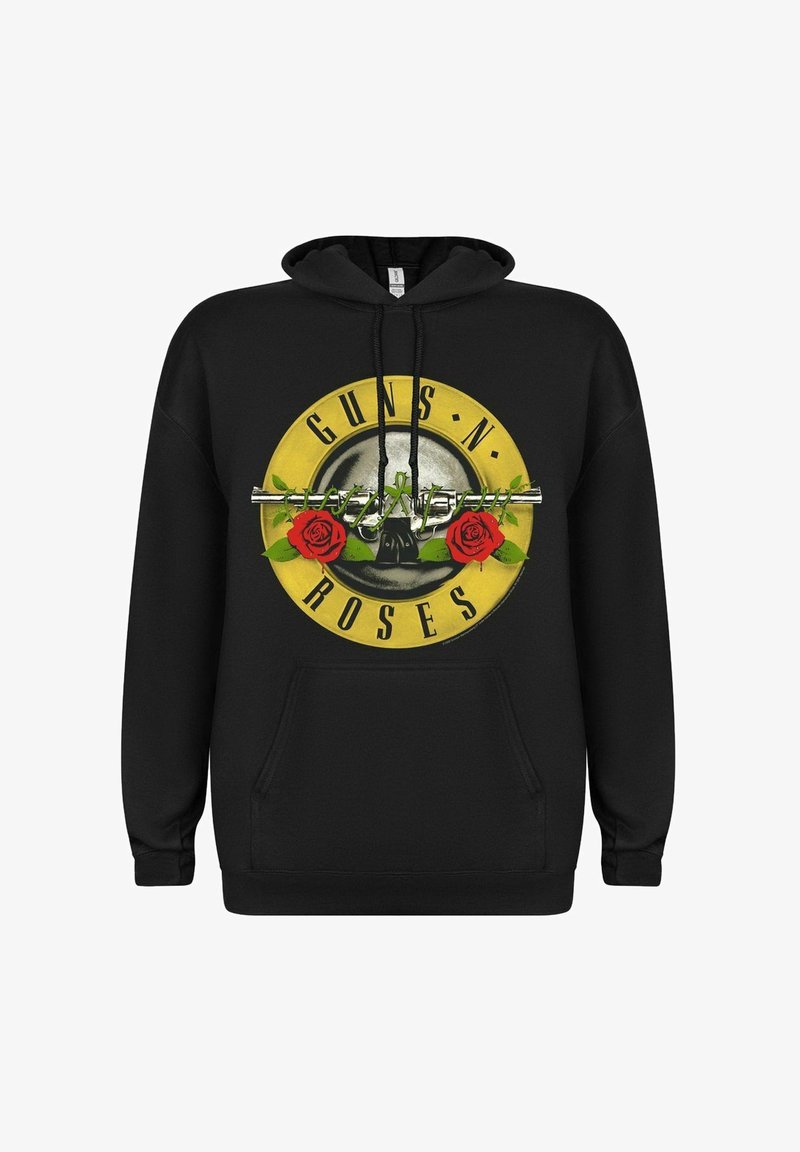 Schwarzer Kapuzenpullover mit einem runden Grafikdesign mit gelbem Rand, dem Text "GUNS N' ROSES", einem Totenkopf, einer Waffe und roten Rosen im Vordergrund. Klassisches Fleece-Material.