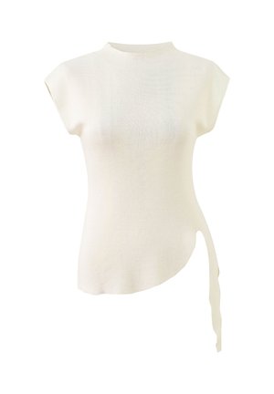 Haut en maille sans manches couleur crème avec col montant et ourlet asymétrique comportant un long lien en tissu d’un côté.