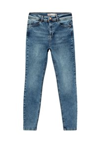 Vaqueros ajustados en mezclilla azul claro con un acabado desgastado. Presentan un estilo clásico de cinco bolsillos, cierre frontal de botón y detalles de costura sutiles.