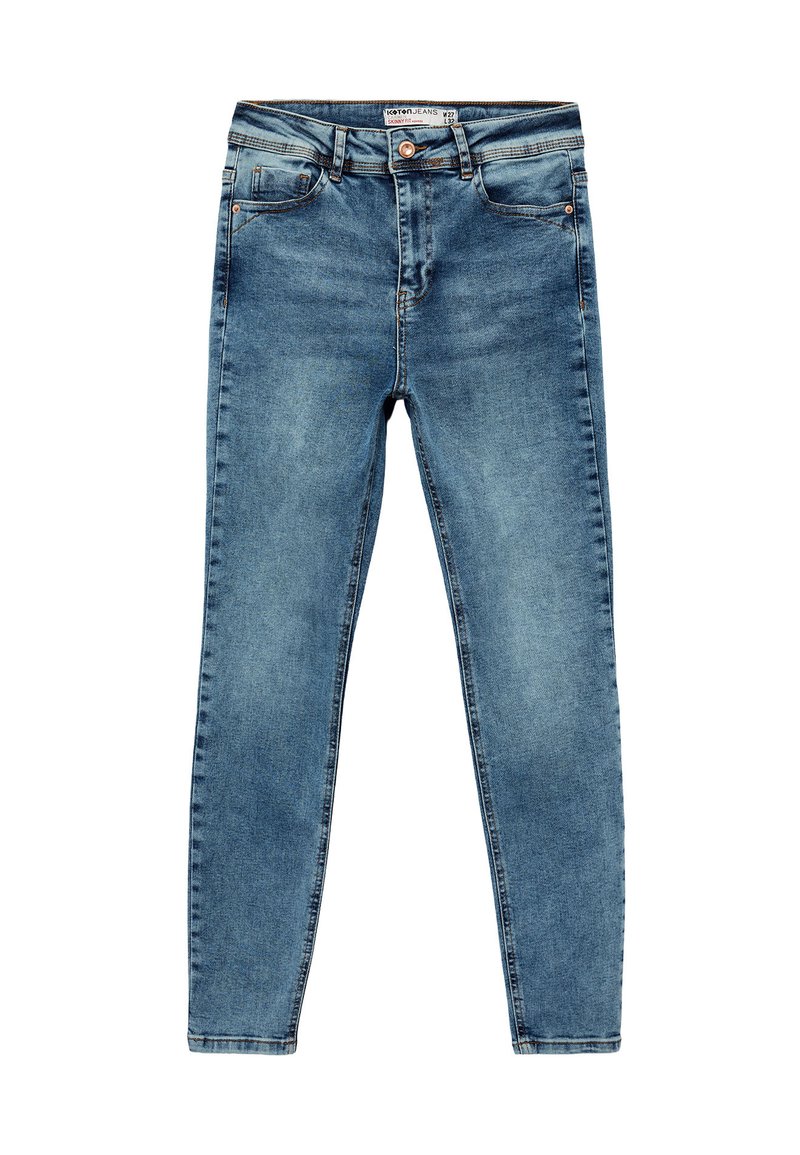 Vaqueros ajustados en mezclilla azul claro con un acabado desgastado. Presentan un estilo clásico de cinco bolsillos, cierre frontal de botón y detalles de costura sutiles.
