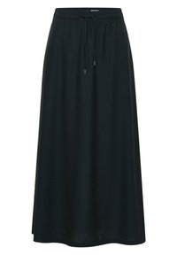 Jupe longue noire avec taille élastique et cordon ajustable, en tissu lisse et léger.