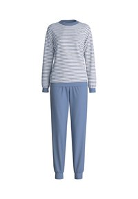 Gestreiftes blau-weißes Langarmoberteil mit Rundhalsausschnitt und passenden blauen Sweatpants, die an Handgelenken und Knöcheln elastische Bündchen haben.