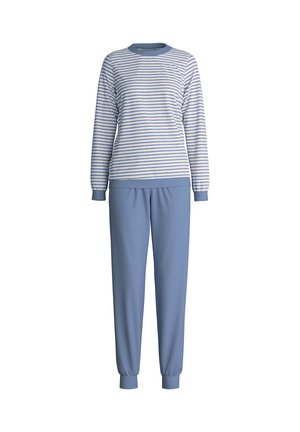 Striped blue and white long-sleeve top with crew neckline and matching blue sweatpants featuring cuffs at wrists and ankles.