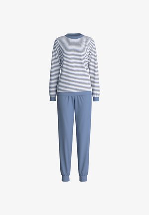 Striped blue and white long-sleeve top with crew neckline and matching blue sweatpants featuring cuffs at wrists and ankles.