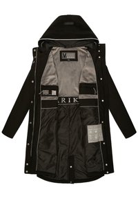 Zwarte jacket met een grijs gevoerd interieur, drukknopen en ritsen, meerdere zakken en een capuchon. Bevat een merklogo en een label met verzorgingsinstructies.