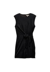 Robe noire sans manches avec un éclat texturé, présentant un détail de nœud à l'avant et une fermeture éclair dissimulée au dos.
