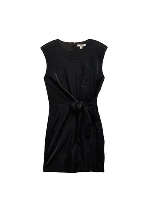 Vestido negro sin mangas con un brillo texturizado, que presenta un detalle en la parte delantera con lazo y una cremallera trasera oculta para el cierre.