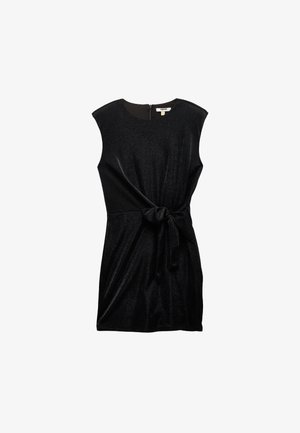 Mustaton hihaton mekko, jossa on tekstuurinen kiilto, etuosassa sidontadetali ja piilotettu vetoketju takana kiinnitystä varten.