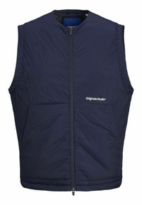 Gilet sans manches bleu marine avec une finition texturée, fermeture éclair sur le devant et un logo sur la poitrine. Léger et conçu pour être superposé.