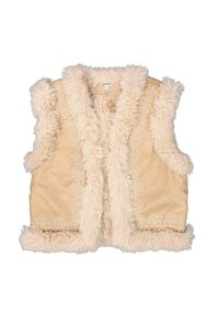 Beige mouwloze vest met fluffy crèmekleurige bontafwerking en delicate bloemenborduursels langs de voorkant en onderrand.
