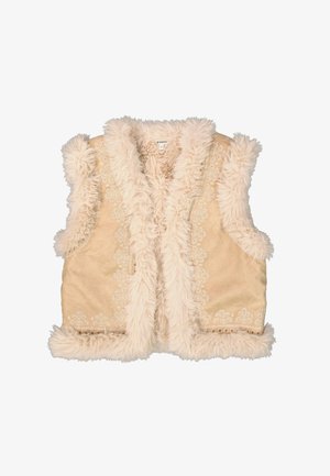 Beige mouwloze vest met fluffy crèmekleurige bontafwerking en delicate bloemenborduursels langs de voorkant en onderrand.