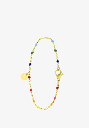 Bracelet en chaîne dorée avec des accents de perles colorées en bleu, vert, rouge et rose. Comprend un pendentif rond et un fermoir à lobster sécurisé.
